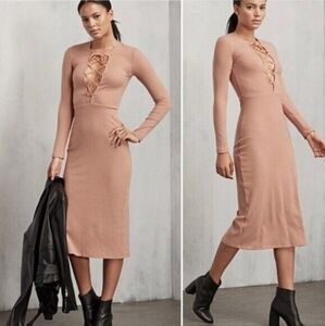 REFORMATION Edison Buff Tan Brown Stretch Ribbed Lace-up Long Sleeve‎ Midi Xs
